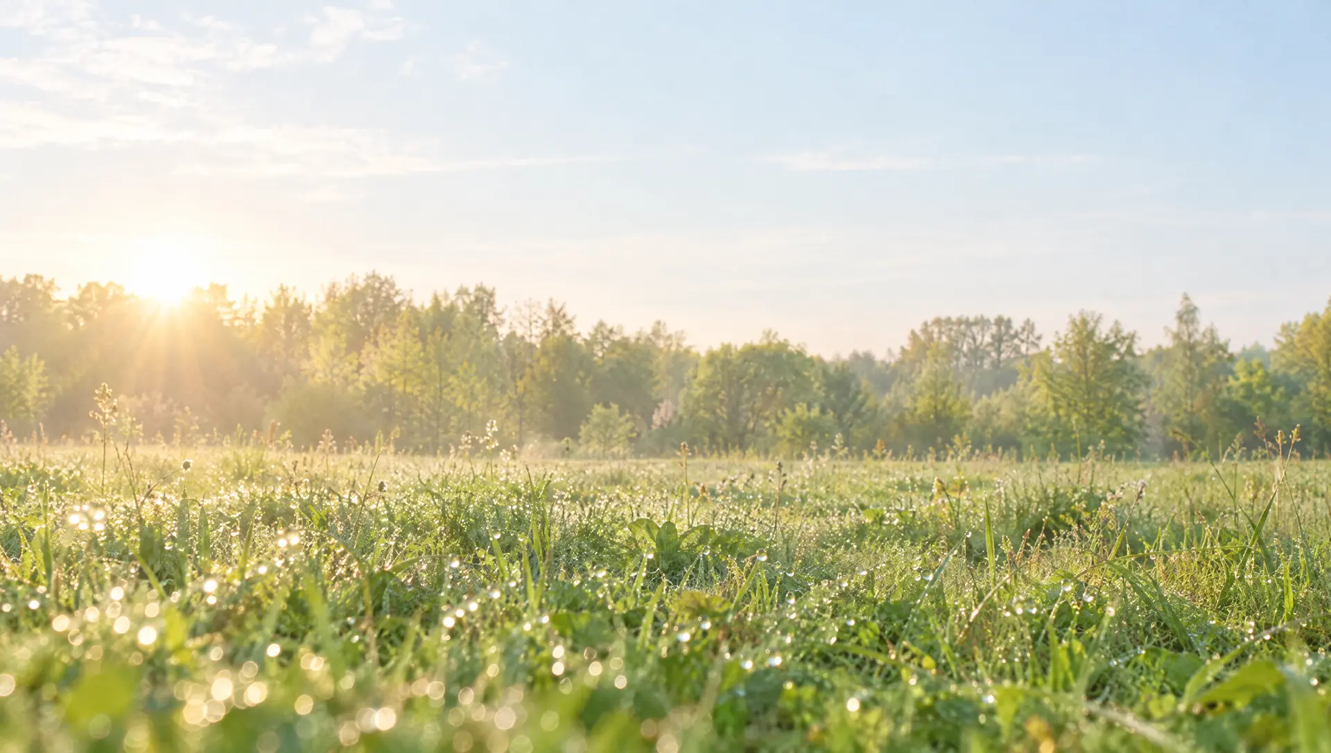 A wet meadow at sunrise below a line of trees.