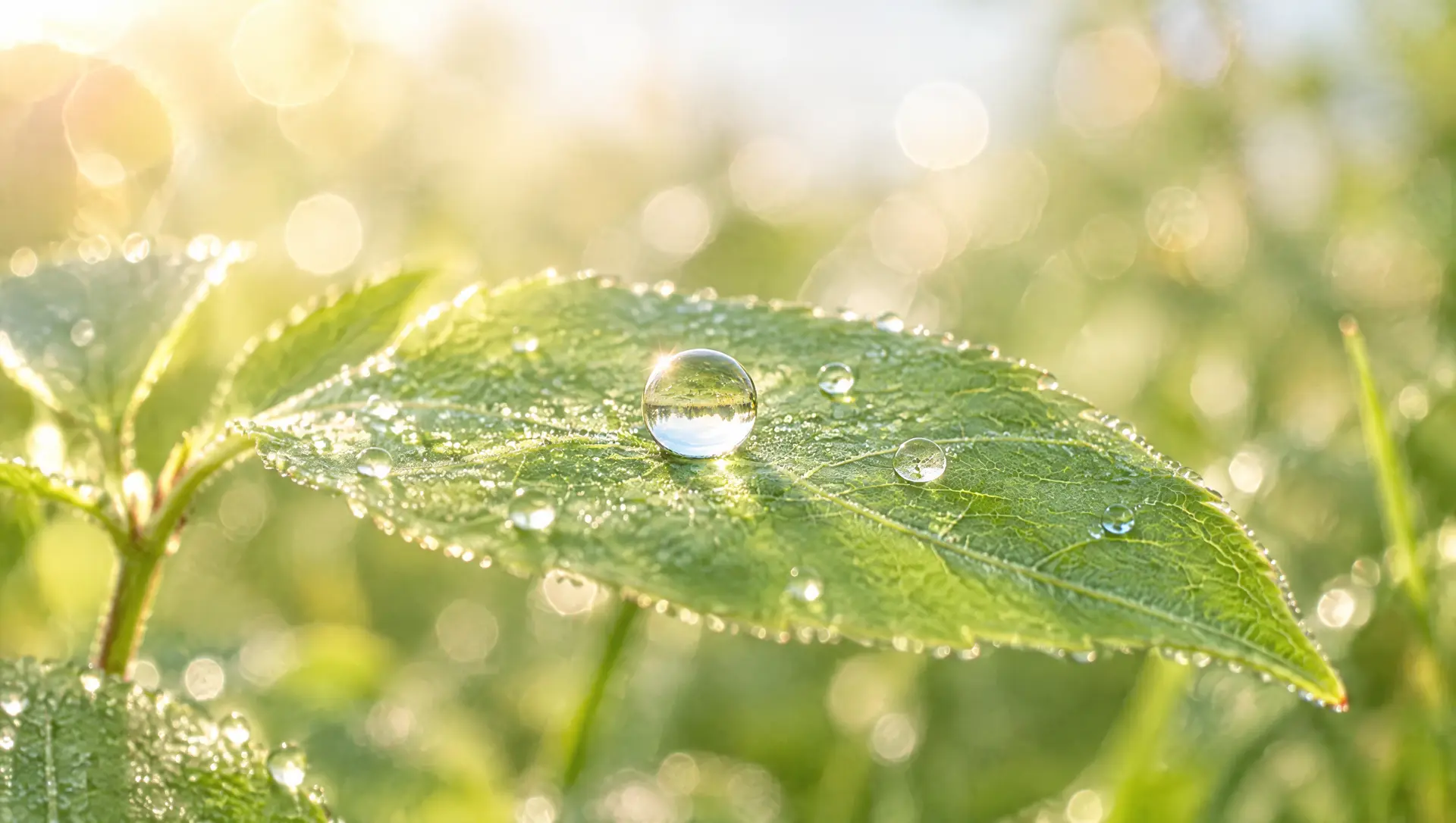 A green leaf after rain with one round drop near its centre.