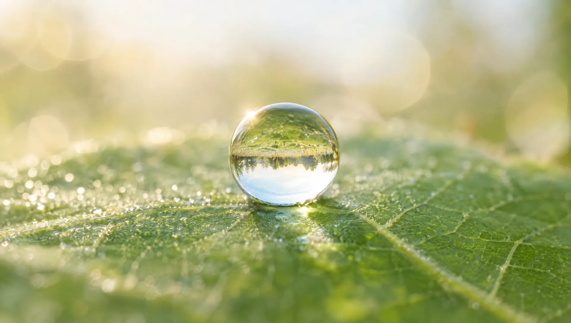 A raindrop on a leaf. Inside it, the meadow behind appears upside down.