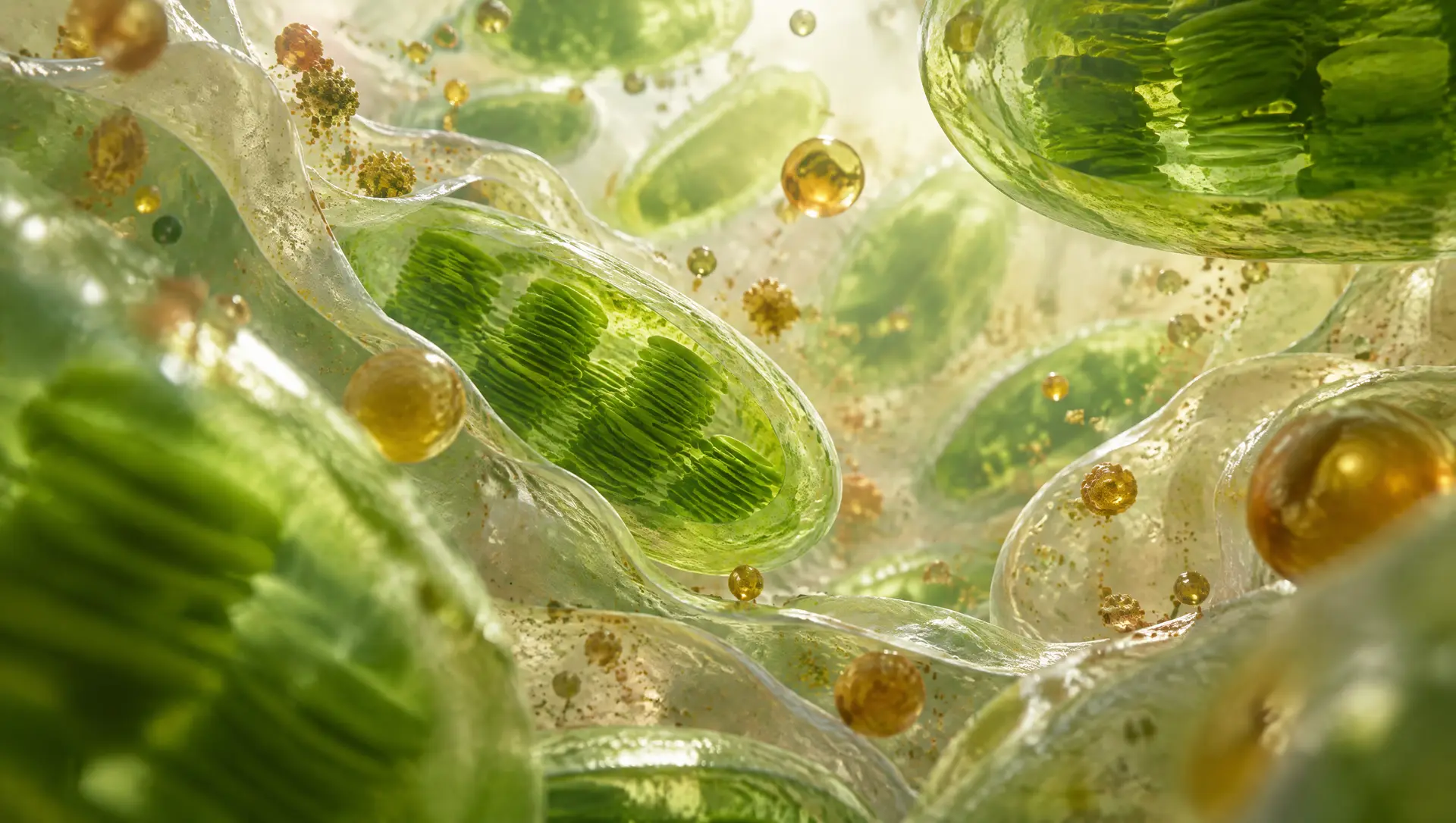 Inside the cell: folded membranes, green chloroplasts, amber droplets.