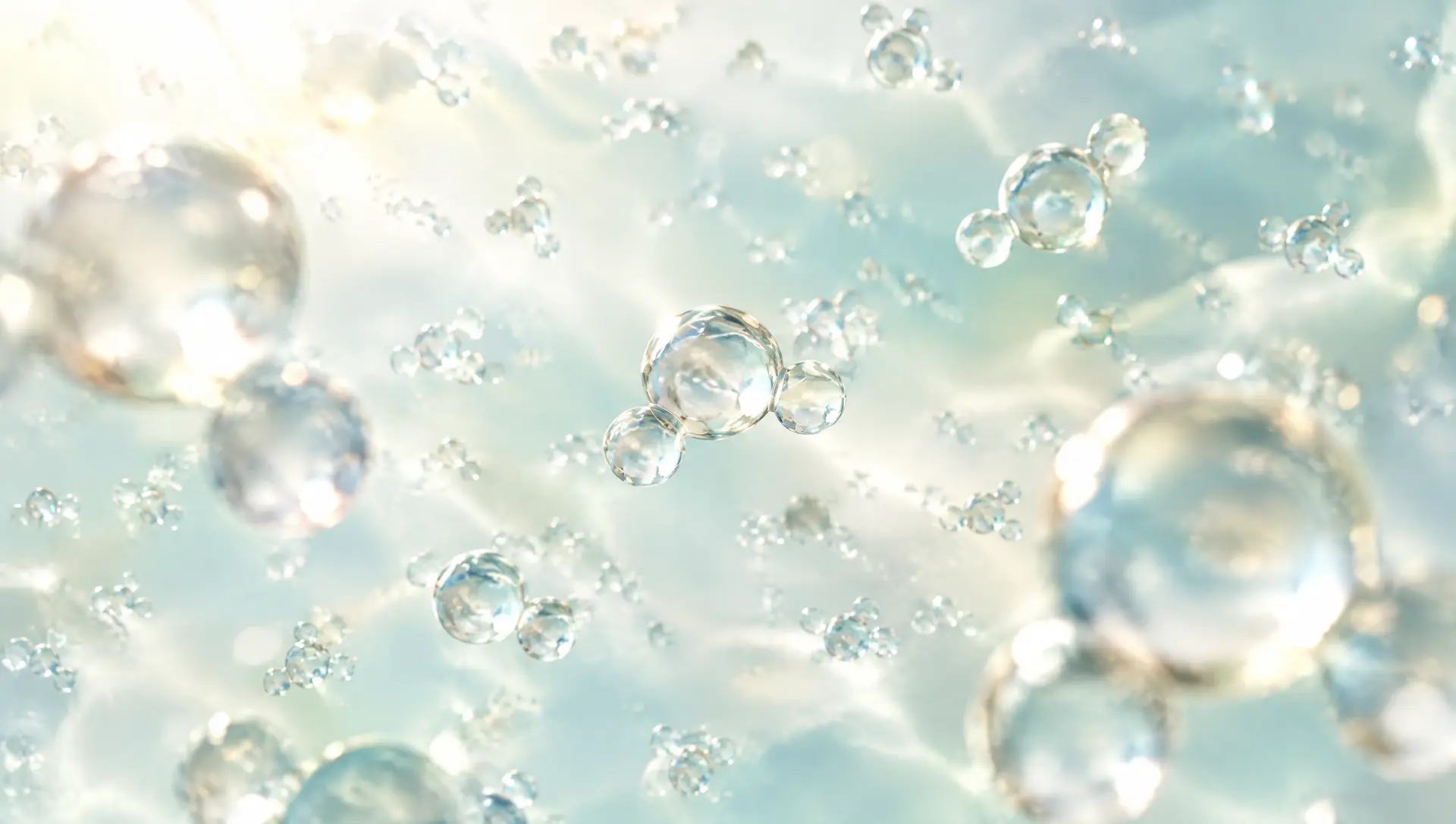 Clusters of three clear spheres suspended at every depth.