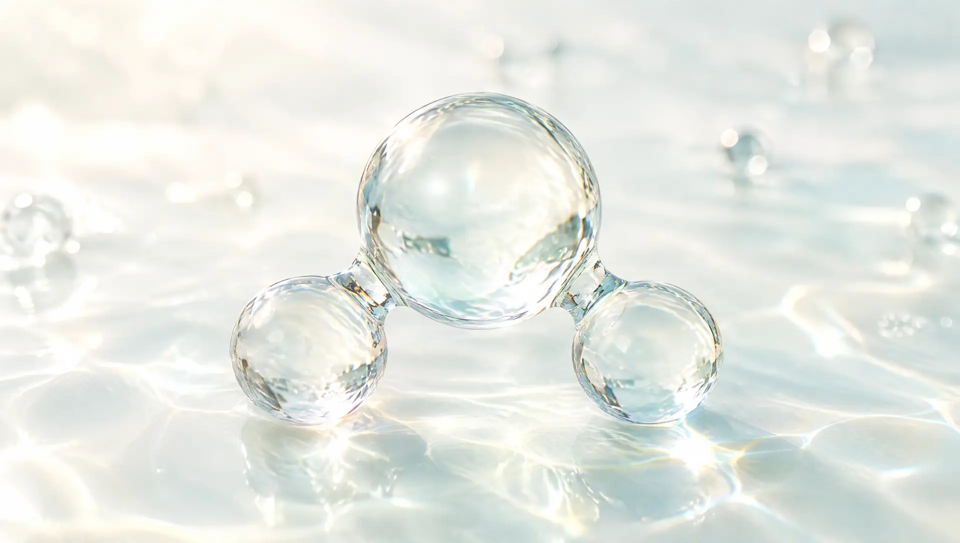 One water molecule: a large sphere joined to two smaller ones.