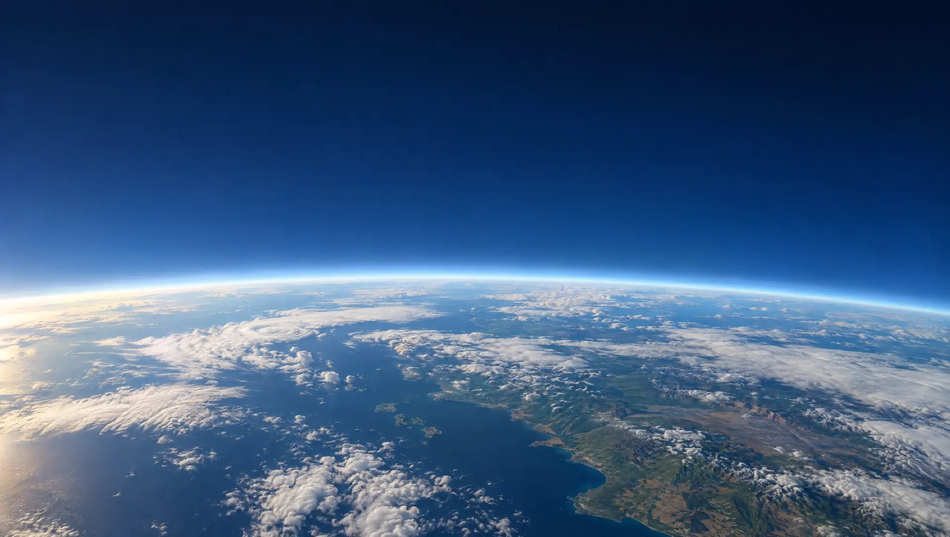The curve of the Earth from orbit under a thin blue atmosphere.